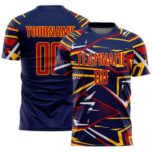 Load image into Gallery viewer, Custom Navy Red Gold-White Abstract Geometric Stripes Sports Sublimation Soccer Uniform Jersey