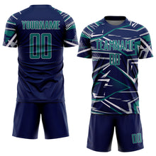 Charger l'image dans la galerie, Custom Navy Teal Gray-White Abstract Geometric Stripes Sports Sublimation Soccer Uniform Jersey