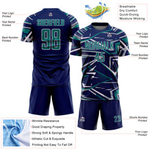 Charger l'image dans la galerie, Custom Navy Teal Gray-White Abstract Geometric Stripes Sports Sublimation Soccer Uniform Jersey