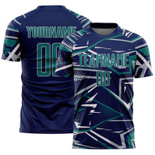 Charger l'image dans la galerie, Custom Navy Teal Gray-White Abstract Geometric Stripes Sports Sublimation Soccer Uniform Jersey