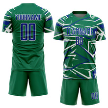 Load image into Gallery viewer, Custom Kelly Green Royal-White Abstract Geometric Stripes Sports Sublimation Soccer Uniform Jersey