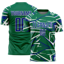 Load image into Gallery viewer, Custom Kelly Green Royal-White Abstract Geometric Stripes Sports Sublimation Soccer Uniform Jersey