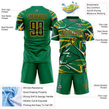 Load image into Gallery viewer, Custom Kelly Green Black Gold-White Abstract Geometric Stripes Sports Sublimation Soccer Uniform Jersey