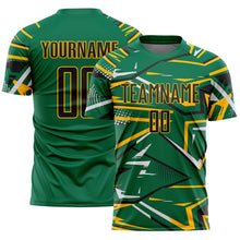 Load image into Gallery viewer, Custom Kelly Green Black Gold-White Abstract Geometric Stripes Sports Sublimation Soccer Uniform Jersey