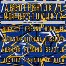 Загрузить изображение в средство просмотра галереи, Custom Royal Gold Black-White Abstract Geometric Stripes Sports Sublimation Soccer Uniform Jersey