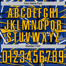 Загрузить изображение в средство просмотра галереи, Custom Royal Gold Black-White Abstract Geometric Stripes Sports Sublimation Soccer Uniform Jersey