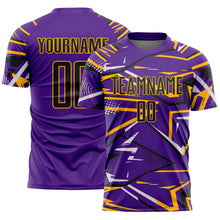 Загрузить изображение в средство просмотра галереи, Custom Purple Black Gold-White Abstract Geometric Stripes Sports Sublimation Soccer Uniform Jersey