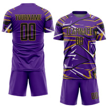Загрузить изображение в средство просмотра галереи, Custom Purple Black Old Gold-White Abstract Geometric Stripes Sports Sublimation Soccer Uniform Jersey