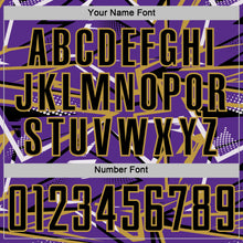 Загрузить изображение в средство просмотра галереи, Custom Purple Black Old Gold-White Abstract Geometric Stripes Sports Sublimation Soccer Uniform Jersey