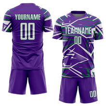 Загрузить изображение в средство просмотра галереи, Custom Purple White-Kelly Green Abstract Geometric Stripes Sports Sublimation Soccer Uniform Jersey