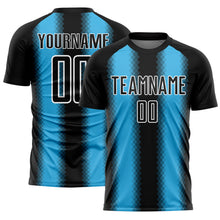 Load image into Gallery viewer, Custom Black Sky Blue-White Zigzag Diamond Stripe Sports Sublimation Soccer Uniform Jersey
