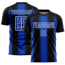 Laden Sie das Bild in den Galerie-Viewer, Custom Black Thunder Blue-White Zigzag Diamond Stripe Sports Sublimation Soccer Uniform Jersey