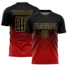Load image into Gallery viewer, Custom Black Red-Old Gold Gradient Diamond Diagonal Lines Sports Sublimation Soccer Uniform Jersey
