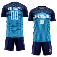 Laden Sie das Bild in den Galerie-Viewer, Custom Navy White-Sky Blue Gradient Diamond Grid Sports Sublimation Soccer Uniform Jersey