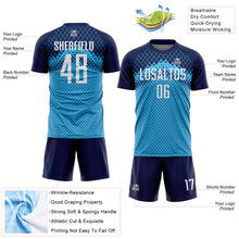 Laden Sie das Bild in den Galerie-Viewer, Custom Navy White-Sky Blue Gradient Diamond Grid Sports Sublimation Soccer Uniform Jersey