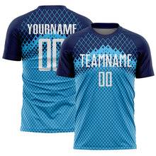 Laden Sie das Bild in den Galerie-Viewer, Custom Navy White-Sky Blue Gradient Diamond Grid Sports Sublimation Soccer Uniform Jersey
