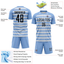 Laden Sie das Bild in den Galerie-Viewer, Custom Light Blue Black-White Diamond Harlequin Check Sports Sublimation Soccer Uniform Jersey
