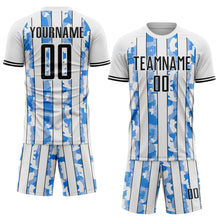 Загрузить изображение в средство просмотра галереи, Custom White Black-Light Blue Camo Stripe Sports Sublimation Soccer Uniform Jersey