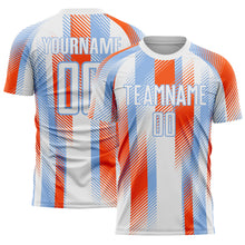 Laden Sie das Bild in den Galerie-Viewer, Custom White Light Blue-Orange Diagonal Stripe Sports Sublimation Soccer Uniform Jersey