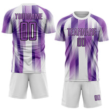 Загрузить изображение в средство просмотра галереи, Custom White Medium Purple-Black Diagonal Stripe Sports Sublimation Soccer Uniform Jersey