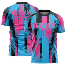 Laden Sie das Bild in den Galerie-Viewer, Custom Sky Blue Pink-Black Diagonal Stripe Sports Sublimation Soccer Uniform Jersey