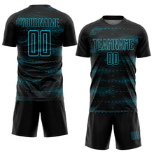 Load image into Gallery viewer, Custom Black Lakes Blue Streamline Wave Cyberpunk Neon Tech Sports Sublimation Soccer Uniform Jersey