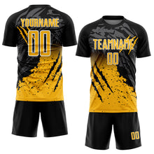 Load image into Gallery viewer, Custom Black Gold-White Gradient Claw Mark Splatter Sports Sublimation Soccer Uniform Jersey