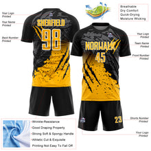 Load image into Gallery viewer, Custom Black Gold-White Gradient Claw Mark Splatter Sports Sublimation Soccer Uniform Jersey