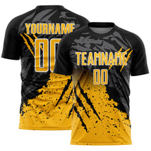 Load image into Gallery viewer, Custom Black Gold-White Gradient Claw Mark Splatter Sports Sublimation Soccer Uniform Jersey
