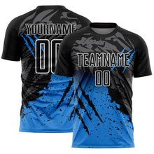 Загрузить изображение в средство просмотра галереи, Custom Black White-Powder Blue Gradient Claw Mark Splatter Sports Sublimation Soccer Uniform Jersey