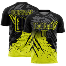Load image into Gallery viewer, Custom Black Neon Yellow Gradient Claw Mark Splatter Sports Sublimation Soccer Uniform Jersey