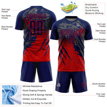 Load image into Gallery viewer, Custom Navy Red Gradient Claw Mark Splatter Sports Sublimation Soccer Uniform Jersey