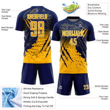 Load image into Gallery viewer, Custom Navy Gold-White Gradient Claw Mark Splatter Sports Sublimation Soccer Uniform Jersey