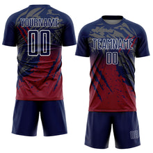 Load image into Gallery viewer, Custom Navy White-Crimson Gradient Claw Mark Splatter Sports Sublimation Soccer Uniform Jersey
