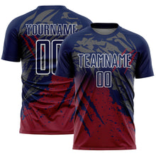 Load image into Gallery viewer, Custom Navy White-Crimson Gradient Claw Mark Splatter Sports Sublimation Soccer Uniform Jersey