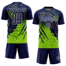 Load image into Gallery viewer, Custom Navy White-Neon Green Gradient Claw Mark Splatter Sports Sublimation Soccer Uniform Jersey