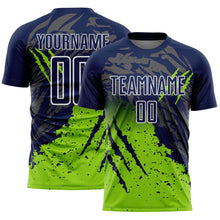 Load image into Gallery viewer, Custom Navy White-Neon Green Gradient Claw Mark Splatter Sports Sublimation Soccer Uniform Jersey