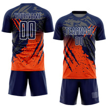 Load image into Gallery viewer, Custom Navy White-Orange Gradient Claw Mark Splatter Sports Sublimation Soccer Uniform Jersey