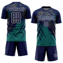 Load image into Gallery viewer, Custom Navy White-Teal Gradient Claw Mark Splatter Sports Sublimation Soccer Uniform Jersey