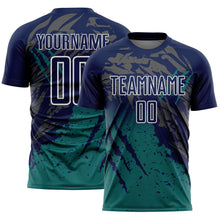 Load image into Gallery viewer, Custom Navy White-Teal Gradient Claw Mark Splatter Sports Sublimation Soccer Uniform Jersey