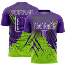 Загрузить изображение в средство просмотра галереи, Custom Purple White-Neon Green Gradient Claw Mark Splatter Sports Sublimation Soccer Uniform Jersey
