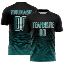 Load image into Gallery viewer, Custom Black Teal-White Gradient Wave Line Sports Sublimation Soccer Uniform Jersey