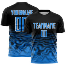 Load image into Gallery viewer, Custom Black Powder Blue-White Gradient Wave Line Sports Sublimation Soccer Uniform Jersey