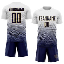 Загрузить изображение в средство просмотра галереи, Custom White Navy-Old Gold Gradient Wave Line Sports Sublimation Soccer Uniform Jersey