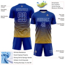 Загрузить изображение в средство просмотра галереи, Custom Royal White-Old Gold Gradient Wave Line Sports Sublimation Soccer Uniform Jersey