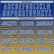 Загрузить изображение в средство просмотра галереи, Custom Royal White-Old Gold Gradient Wave Line Sports Sublimation Soccer Uniform Jersey