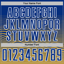 Загрузить изображение в средство просмотра галереи, Custom Royal White-Old Gold Gradient Wave Line Sports Sublimation Soccer Uniform Jersey