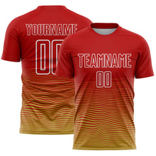Загрузить изображение в средство просмотра галереи, Custom Red White-Old Gold Gradient Wave Line Sports Sublimation Soccer Uniform Jersey