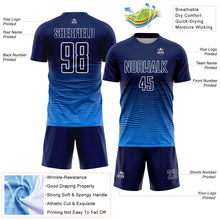 Load image into Gallery viewer, Custom Navy White-Powder Blue Gradient Wave Line Sports Sublimation Soccer Uniform Jersey