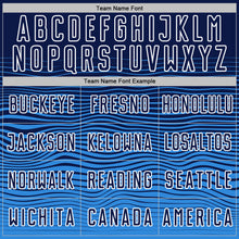 Load image into Gallery viewer, Custom Navy White-Powder Blue Gradient Wave Line Sports Sublimation Soccer Uniform Jersey